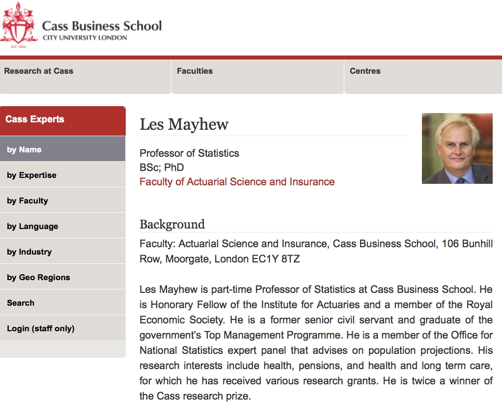 Professor Les Mayhew's profile on Cass website