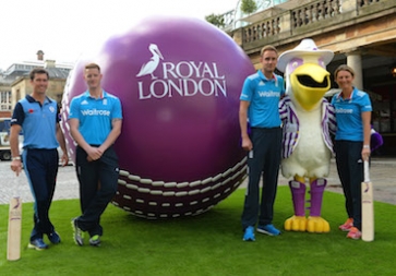 Royal London&#039;s mascot Gilbert the pelican with England players Ben Stokes and Stuart Broad